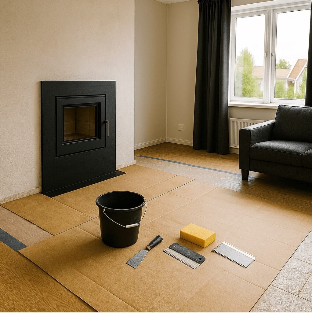 befaring peis -Moderne norsk stue under montering av peis