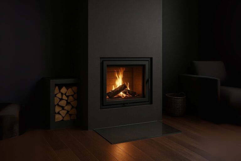 Bygge peisinnsats med oss - Mørk, moderne stue med innbygd peisinnsats og glassplate på gulve