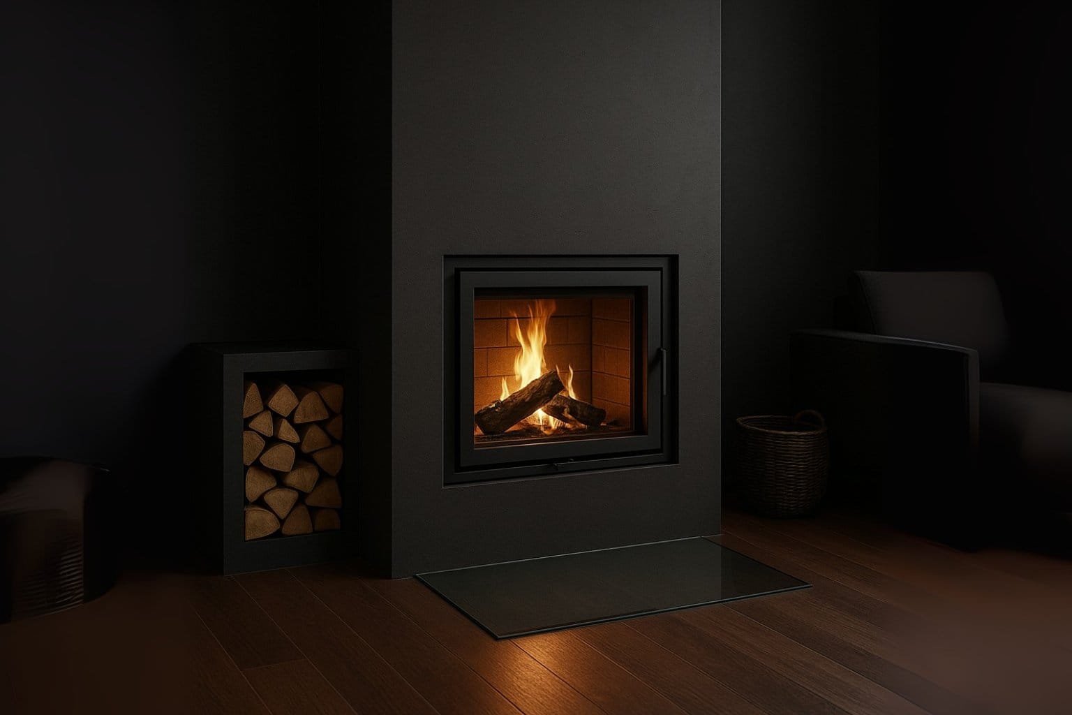 Bygge peisinnsats med oss - Mørk, moderne stue med innbygd peisinnsats og glassplate på gulve