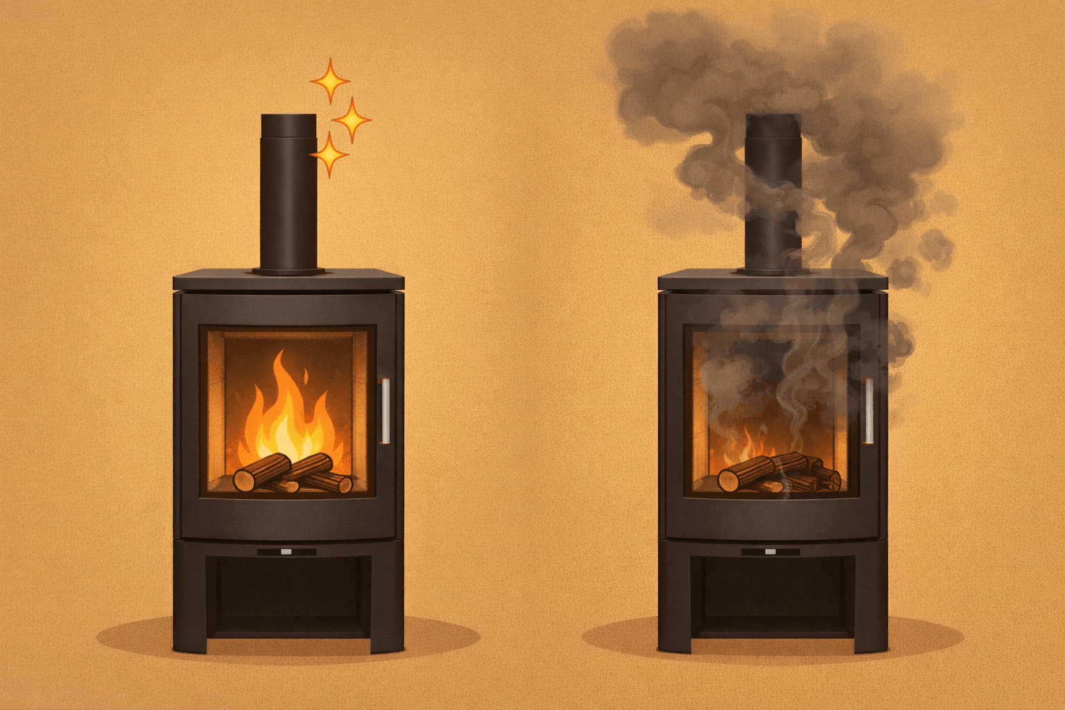 billig-peismontering – sammenligning av to moderne vedovner med ren forbrenning og ovn som ryker på grunn av feil montering