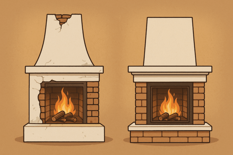 Profesjonell montør installerer peis korrekt, i kontrast til dårlig utført og sotet peis som viser konsekvensene av billig arbeid.