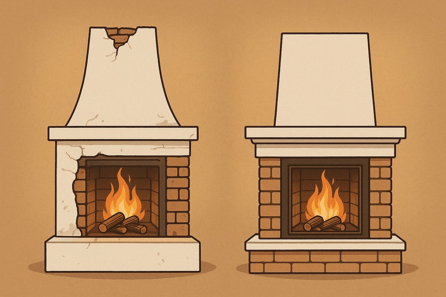 Profesjonell montør installerer peis korrekt, i kontrast til dårlig utført og sotet peis som viser konsekvensene av billig peismontering arbeid.