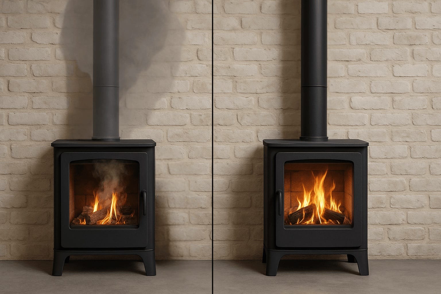 Illustrasjon som viser kontrasten mellom en profesjonell montør og en billig peisinstallasjon, med tekst om trygghet og kvalitet.