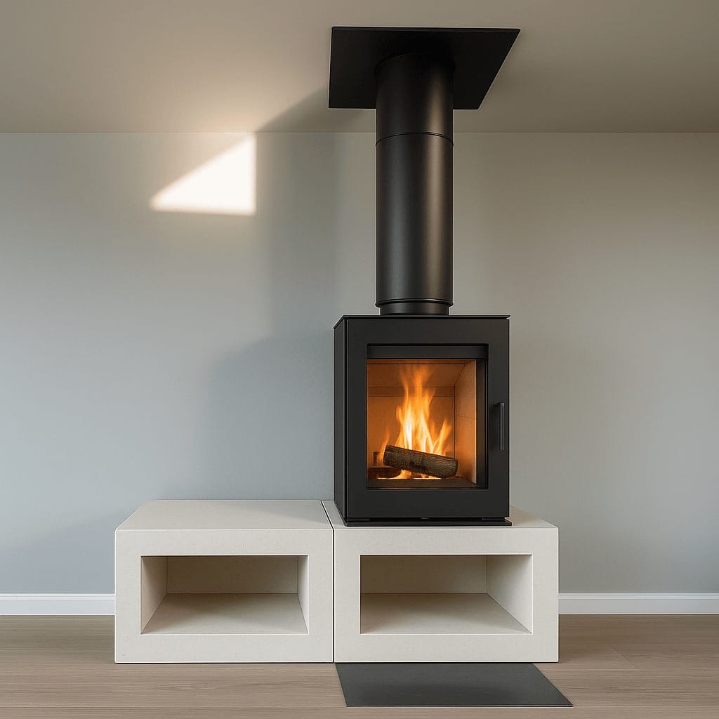 Montering av peis Moderne-vedovn-i-minimalistisk-interior